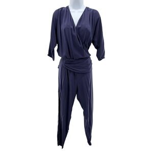 Thakoon Addition Navy Blue 100% Silk Wrap V-Neck Jumpsuit Size 6 Womens Drape